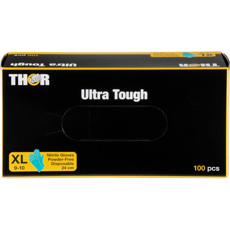 Une boîte verte avec l'inscription "Thor Ultra Tough" de la société Abena Re-Seller GmbH contient 100 gants jetables sans poudre en nitrile de taille XL (9-10) avec des accents jaunes et bleus - idéaux pour les activités en plein air.