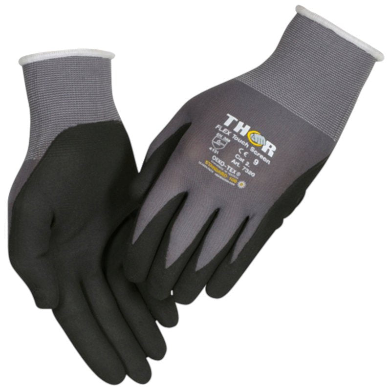 Une paire de gants de travail Thor Flex gris et noir de la société Abena Re-Seller GmbH avec l'inscription "THOR", illustrée avec vue avant et arrière sur fond blanc.