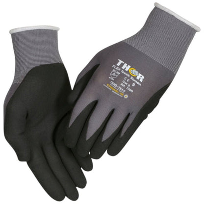 Une paire de gants de travail Thor Flex gris et noir d'Abena Re-Seller GmbH, avec l'inscription "THOR" et des certificats de sécurité sur un gant, représentée sur fond blanc.