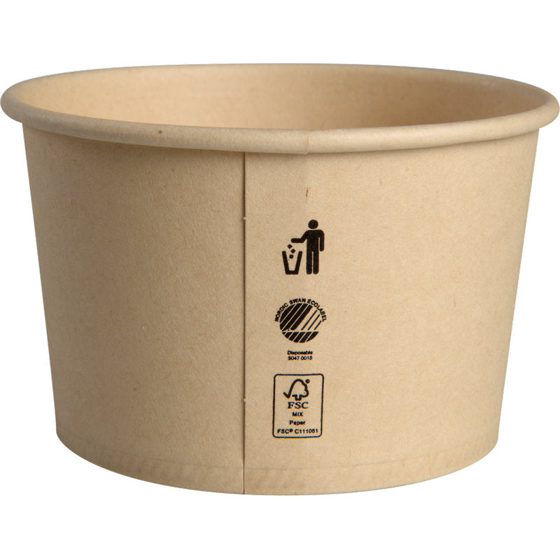 Le gobelet à glace Abena Re-Seller GmbH 120 ml, carton/PE, est un simple gobelet jetable brun avec un revêtement PE et des symboles de recyclage et FSC imprimés, illustré sur un fond blanc.