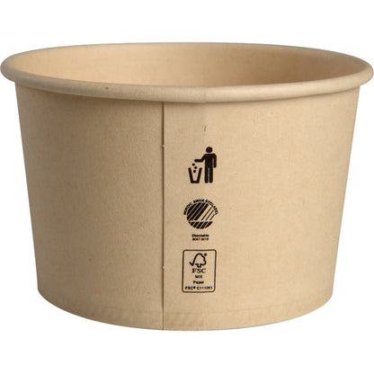 Le gobelet à glace Abena Re-Seller GmbH 120 ml, carton/PE, est un simple gobelet jetable brun avec un revêtement PE et des symboles de recyclage et FSC imprimés, illustré sur un fond blanc.