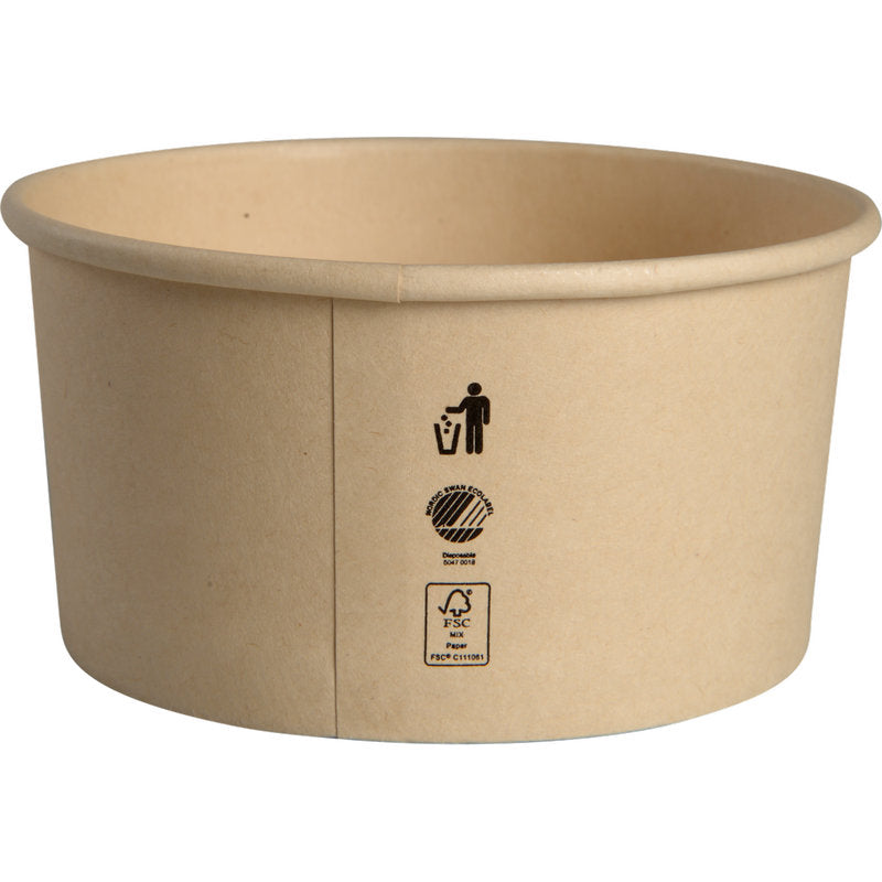 Le gobelet à glace Abena Re-Seller GmbH 120 ml, carton/PE, est un gobelet en carton rond, uni brun avec trois symboles noirs sur le côté - symbole de déchet, signe circulaire et logo FSC. Le contenant sans marque est vide.