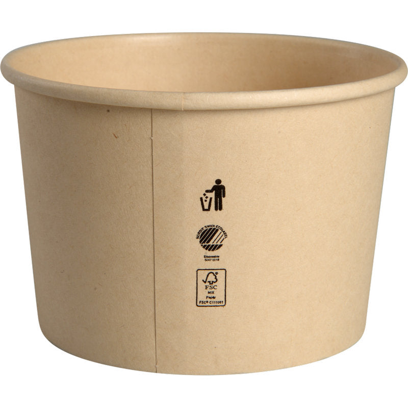 Le gobelet à glace Abena Re-Seller GmbH 120 ml, carton/PE est un simple gobelet brun avec un revêtement PE, orné à l'avant de trois symboles noirs de recyclage et de compostage. Le contenant vide est illustré sur fond blanc.