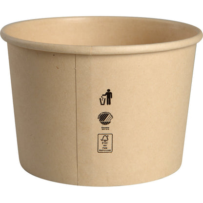 Le gobelet à glace Abena Re-Seller GmbH 120 ml, carton/PE est un simple gobelet brun avec un revêtement PE, orné à l'avant de trois symboles noirs de recyclage et de compostage. Le contenant vide est illustré sur fond blanc.