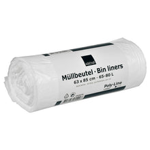 Un rouleau de sacs poubelle Abena Re-Seller GmbH 65-80 L, 630x850 mm, 8 my HDPE en blanc (40 sacs), étiqueté avec "Müllbeutel - Bin liners" en allemand et en anglais, présenté sur fond blanc.