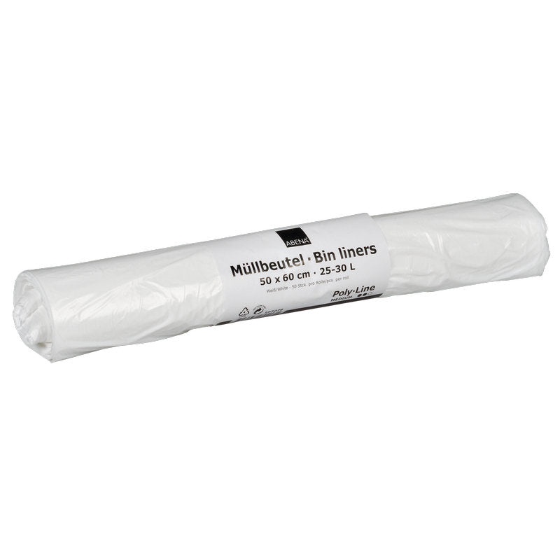 Un rouleau de sacs poubelle Abena Re-Seller GmbH, capacité de 25-30 L, taille 500x600 mm, 12,5 my LDPE blanc ; étiqueté en allemand et en anglais ; le paquet contient 50 sacs.