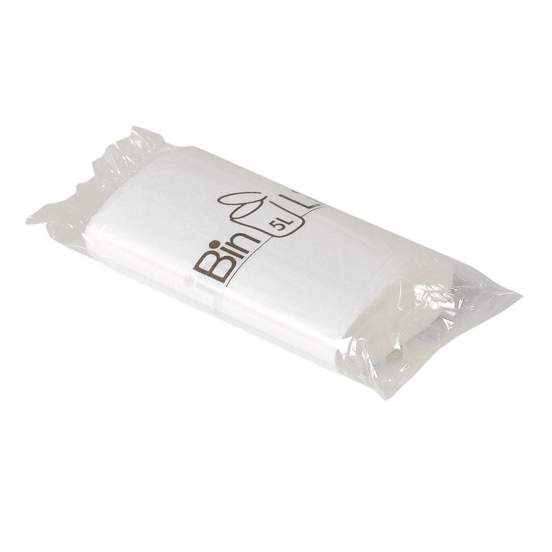Un paquet de sacs poubelle Bin Line blancs 5L (340x390mm, 10my LLDPE) de Abena Re-Seller GmbH, 20 sacs par rouleau, emballés dans du plastique transparent avec l'inscription "Bin" et le symbole de la poubelle sur le devant pour une stabilité fiable.