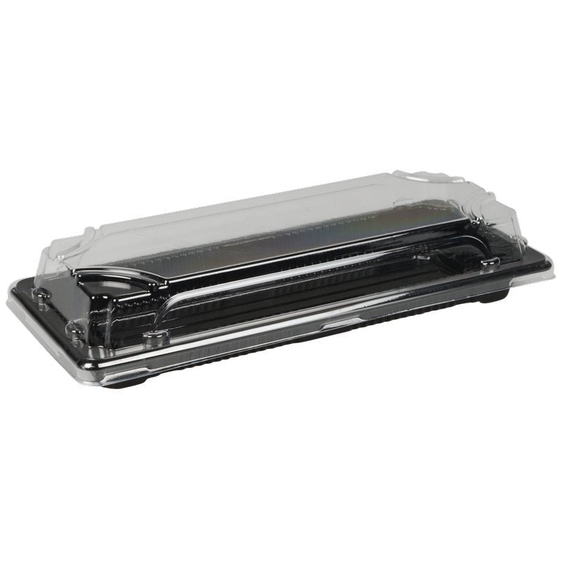Le Sushi-to-go Kombi-Pack de Abena Re-Seller GmbH est un plateau à sushi jetable noir en plastique avec un couvercle transparent, fermé et vide - idéal pour le sushi frais ou à emporter - et présenté sur un fond blanc.