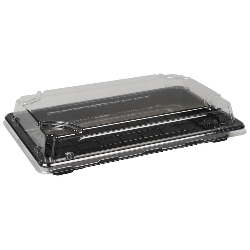 Le Sushi-to-go Kombi-Pack de Abena Re-Seller GmbH est un récipient pliant rectangulaire avec un fond noir et un couvercle transparent, parfait pour la présentation et le transport de sushis frais ou de desserts.