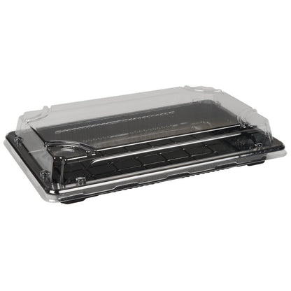 Le Sushi-to-go Kombi-Pack de Abena Re-Seller GmbH est un récipient pliant rectangulaire avec un fond noir et un couvercle transparent, parfait pour la présentation et le transport de sushis frais ou de desserts.