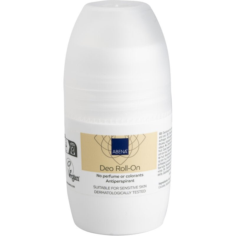 Le déodorant roll-on Abena Re-Seller GmbH (50 ml) en plastique blanc avec une étiquette beige offre une neutralisation efficace des odeurs, convient aux peaux sensibles, est testé dermatologiquement et est exempt de parfum et de colorants. Vendu en cartons de 8 paquets.