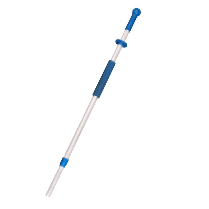 Le manche télescopique en aluminium de la société Abena Re-Seller GmbH, Ergo Globe (100-180 cm), est un manche blanc extensible avec une poignée ergonomique et des pièces en plastique bleu pour fixer facilement des outils de nettoyage ou de piscine. Disponible en cartons de 25 pièces.