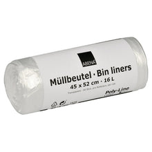 Un rouleau principalement blanc avec l'inscription "Abena Re-Seller GmbH Sacs poubelle 16 L, 450x520 mm, 4,5 my HDPE, Transparent" contient 50 sacs poubelle par rouleau.