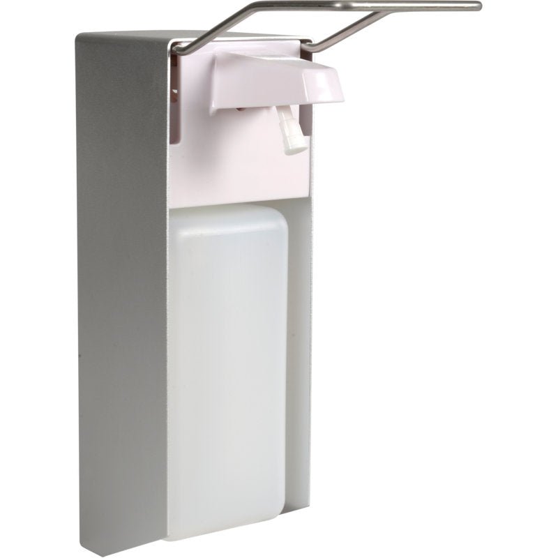 Le distributeur à levier Abena Re-Seller (1 000 ml, aluminium/blanc) est équipé d'un levier métallique, d'une pompe en plastique blanc et d'un réservoir rectangulaire transparent : il est idéal pour la distribution de savon ou de désinfectant.