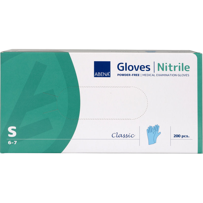 Eine Box Abena Re-Seller GmbH Nitril-Handschuhe Classic, puderfrei, blau, Größe S (6-7) enthält 200 Stück. Die grün-weiße Verpackung mit Handschuhabbildung eignet sich ideal für den medizinischen Einsatz.