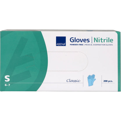 Une boîte de gants en nitrile Classic, sans poudre, bleu, taille S (6-7) de Abena Re-Seller GmbH contient 200 pièces. L'emballage vert-blanc avec illustration de gant est idéal pour l'utilisation médicale.