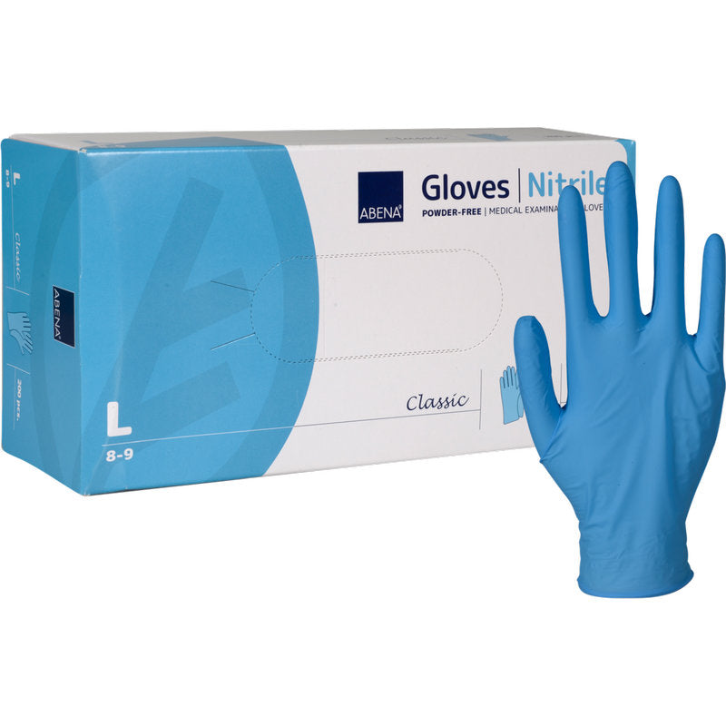 Un paquet de gants en nitrile Classic, sans poudre, bleu, taille Large de Abena Re-Seller GmbH - un gant bleu unique se tient debout à côté de l'emballage blanc-bleu et est idéal pour les établissements médicaux.