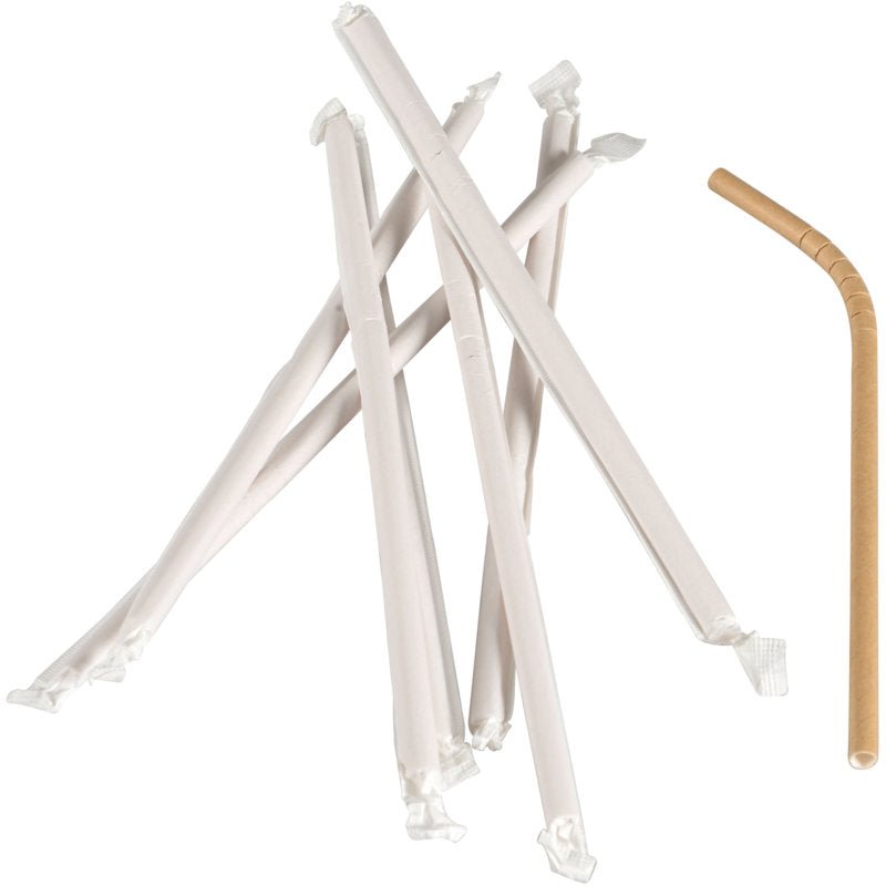 Un paquet (250 pièces) de pailles en papier brun de 24 cm de long, emballées individuellement (ø 6 mm) de Abena Re-Seller GmbH repose sur un fond blanc.
