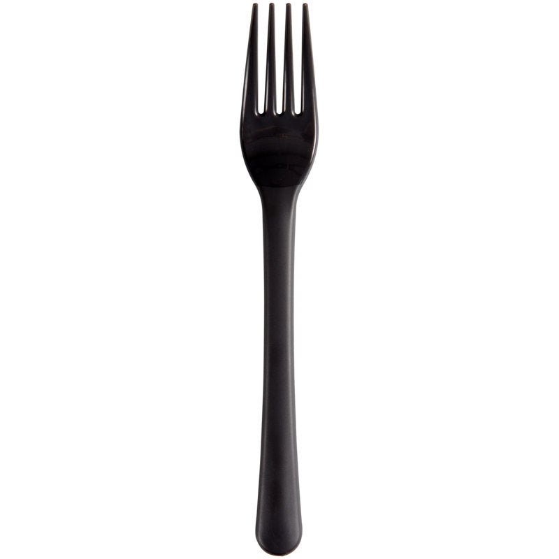 Une seule fourchette noire réutilisable (18cm, PP) de Abena Re-Seller GmbH se tient au centre sur un fond blanc. Cette alternative de couverts respectueuse de l'environnement et durable a quatre dents et un manche légèrement courbé. Emballage : 50 pièces.