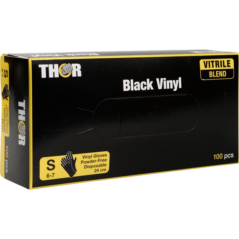 Une boîte Thor Black Vinyl, Vitrile Blend, Sans Poudre de Abena Re-Seller GmbH, taille S (6-7), contient 100 gants jetables sans poudre dans un emballage noir et jaune.