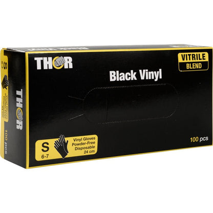 Une boîte Thor Black Vinyl, Vitrile Blend, Sans Poudre de Abena Re-Seller GmbH, taille S (6-7), contient 100 gants jetables sans poudre dans un emballage noir et jaune.