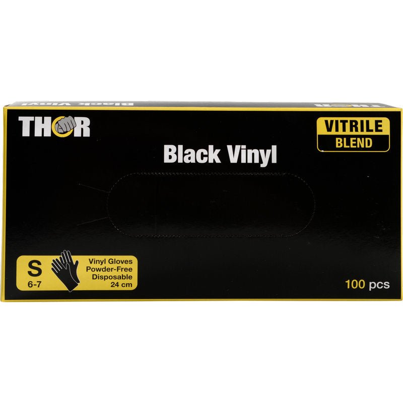 Une boîte noir-jaune de 24 cm de Abena Re-Seller GmbH contient 100 petits (6-7) gants Thor Black Vinyl, Vitrile Blend sans poudre.
