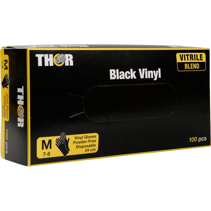 Une boîte noir-jaune avec l'inscription "Thor Black Vinyl, Vitrile Blend, Sans Poudre" de Abena Re-Seller GmbH contient 100 gants jetables de taille moyenne, sans poudre. L'emballage montre le mélange de vitrile et contient des informations sur les tailles ainsi que des images du produit.