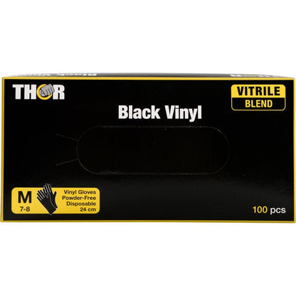 Une boîte Thor Black Vinyl Vitrile Blend, sans poudre de Abena Re-Seller GmbH, taille M (7-8), jetable, 24 cm de long, contient 100 pièces. La boîte principalement noire a des accents jaunes et du texte.
