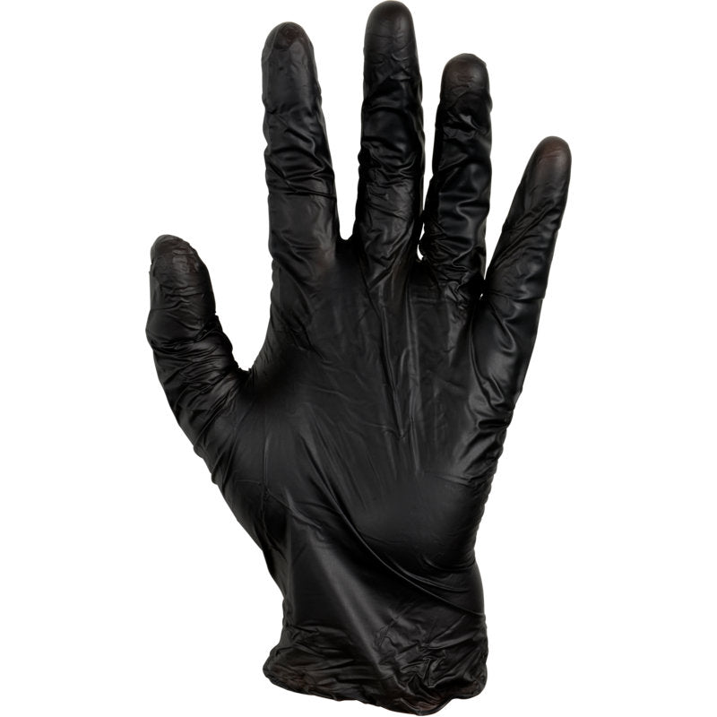 Une main gauche levée portant un gant Abena Re-Seller GmbH Thor Black Vinyl, Vitrile Blend, Sans Poudre avec les doigts légèrement écartés est montrée devant un fond blanc.