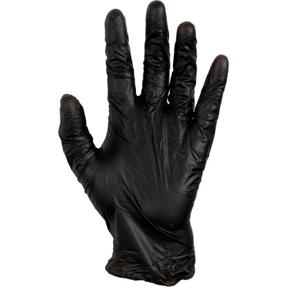 Une main gauche levée portant un gant Abena Re-Seller GmbH Thor Black Vinyl, Vitrile Blend, Sans Poudre avec les doigts légèrement écartés est montrée devant un fond blanc.