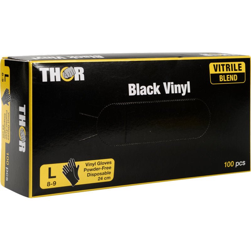 Une boîte Thor Black Vinyl, Vitrile Blend, gants jetables sans poudre, taille L (8-9), 100 pièces de Abena Re-Seller GmbH. La boîte noire avec des accents jaunes montre les informations principales des gants à l'avant.