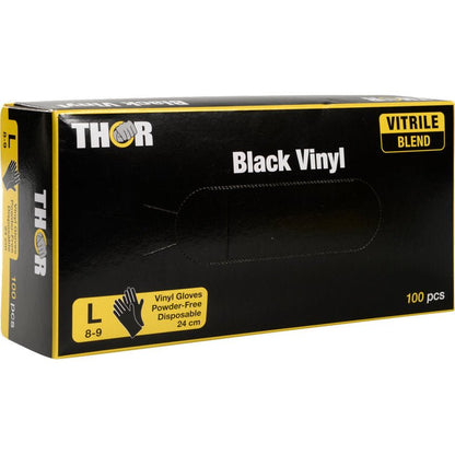 Une boîte Thor Black Vinyl, Vitrile Blend, gants jetables sans poudre, taille L (8-9), 100 pièces de Abena Re-Seller GmbH. La boîte noire avec des accents jaunes montre les informations principales des gants à l'avant.