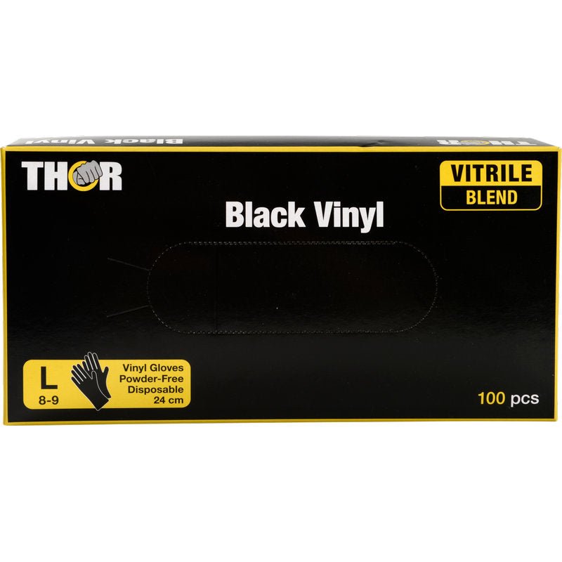 Une boîte avec 100 gants jetables Abena Re-Seller GmbH Thor Black Vinyl Vitrile Blend, taille large (8-9), sans poudre, longueur 24 cm. La boîte a un fond noir avec des écritures jaunes et blanches.