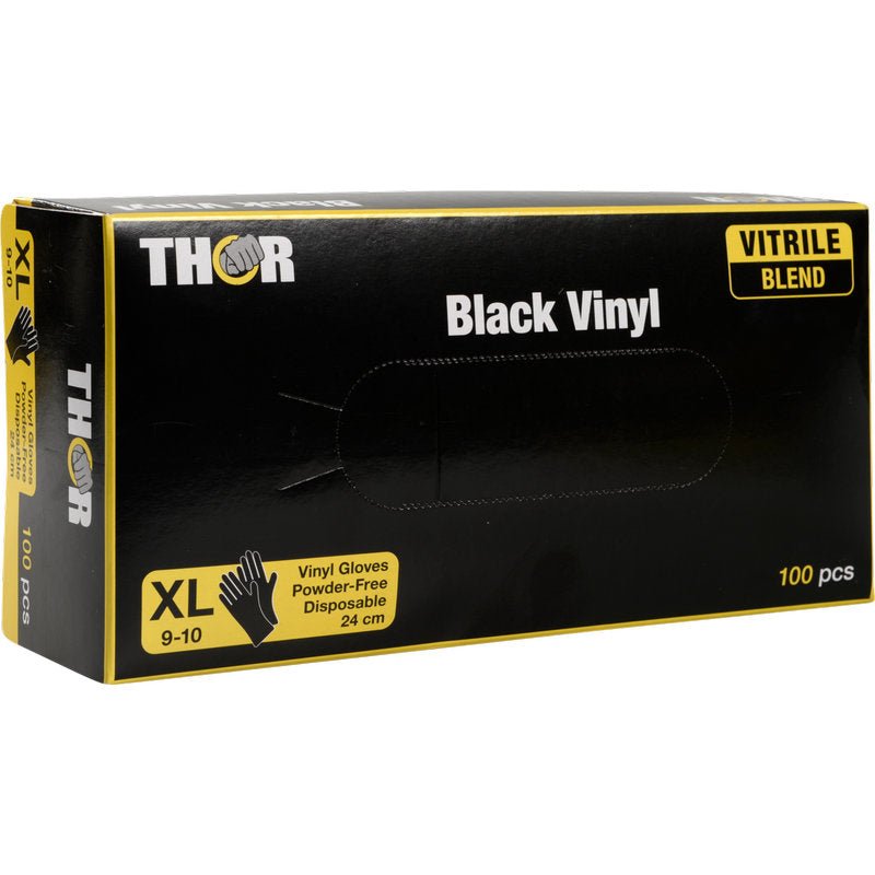Une boîte noir-jaune avec l'inscription "Thor Black Vinyl, Vitrile Blend, Sans Poudre" de Abena Re-Seller GmbH contient 100 gants jetables XL avec un mélange de vitrile durable et un marquage détaillé à l'avant.