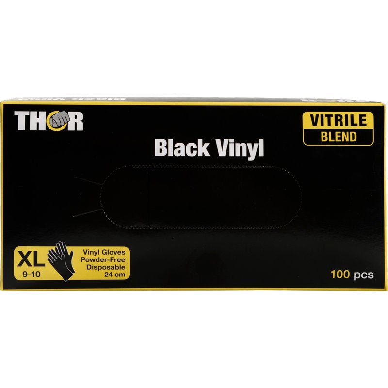 Une boîte Thor Black Vinyl, Vitrile Blend, sans poudre de Abena Re-Seller GmbH, taille XL 9-10, contient 100 pièces (24 cm de long) dans un design noir-jaune.