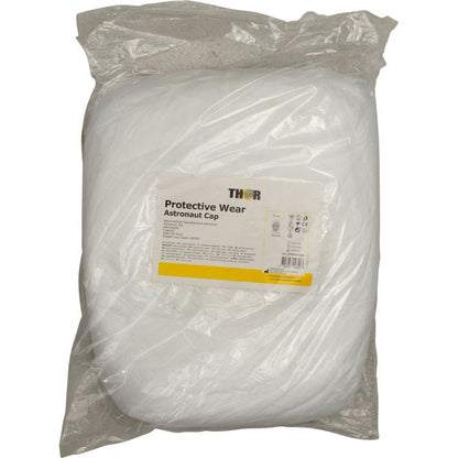 Dans un sac en plastique transparent se trouve une casquette de protection d'astronaute blanche pliée avec l'inscription "Thor Astrohaube mit Mundschutz" d'Abena Re-Seller GmbH, sur laquelle sont imprimées des informations sur le produit et la sécurité.