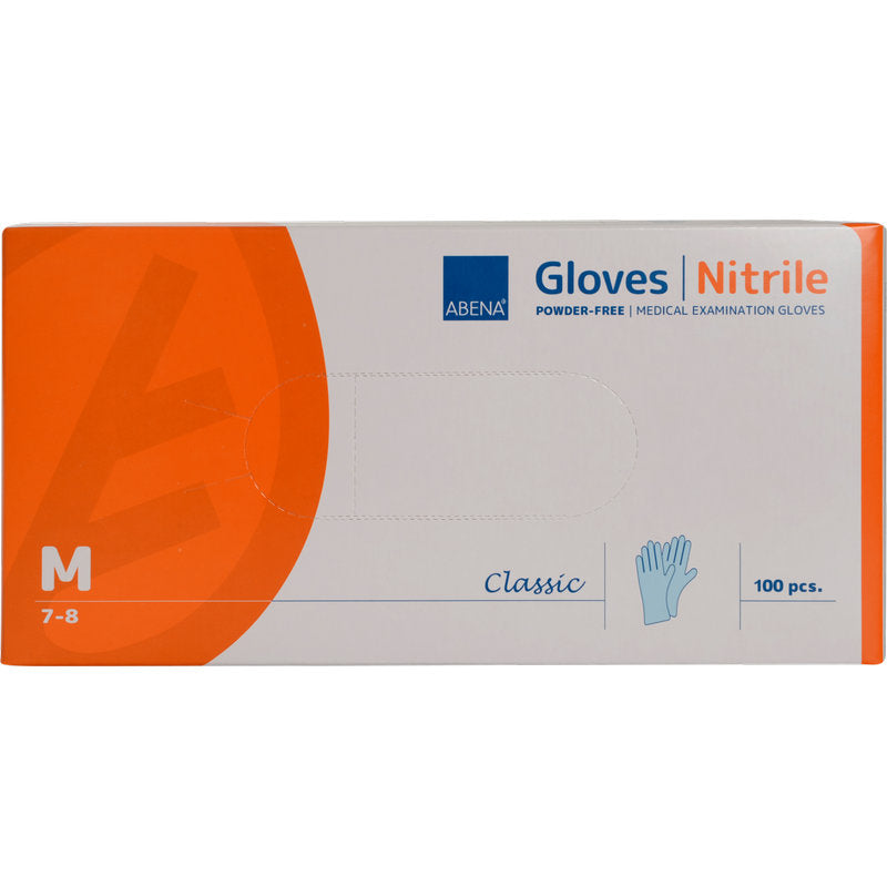 Eine Schachtel Abena Re-Seller GmbH Nitril-Handschuhe Classic, puderfrei, blau, Größe medium (7-8), mit 100 Stück. Die Verpackung hat blaue und orangefarbene Akzente und zeigt eine Handschuhabbildung.