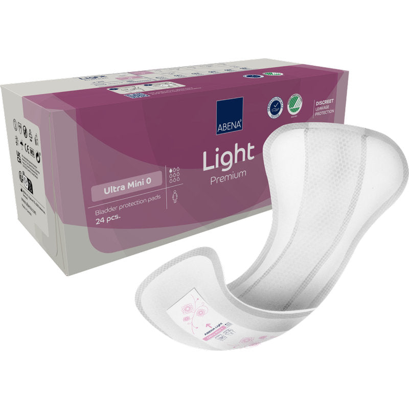 Un paquet de ABENA Light Ultra Mini 0, Premium (24 pièces) de Abena Re-Seller GmbH est présenté à côté d'une seule serviette incurvée, avec des informations sur le produit et des symboles de certification sur l'emballage.