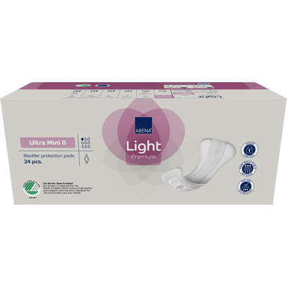 Une boîte beige avec des accents violets contient 24 serviettes hygiéniques ABENA Light Ultra Mini 0, Premium de Abena Re-Seller GmbH, avec des icônes pour l'absorption et la compatibilité avec la peau.