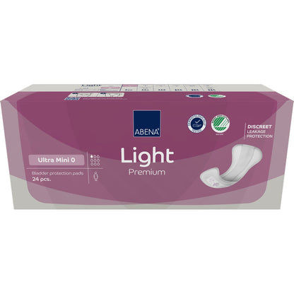 Une boîte rectangulaire ABENA Light Ultra Mini 0, Premium de Abena Re-Seller GmbH (24 pièces) est dotée d'un design violet, d'une image du produit et d'icônes mettant en avant la protection discrète pour les utilisatrices de serviettes hygiéniques.
