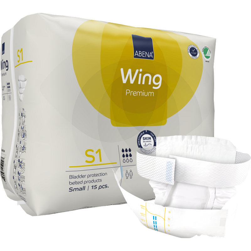Un paquet de ABENA Wing Premium de Abena Re-Seller GmbH avec une couche pour adultes blanche dépliée sur le devant ; l'emballage montre 15 petits exemplaires offrant une protection et un confort fiables pour les utilisateurs.