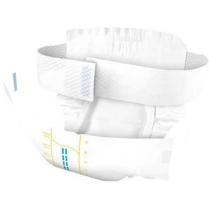L'ABENA Wing Premium de Abena Re-Seller GmbH est une couche jetable pour adultes avec des manchettes élastiques, des languettes adhésives, un rembourrage absorbant et des lignes imprimées en bleu clair/jaune pour la protection et le confort.