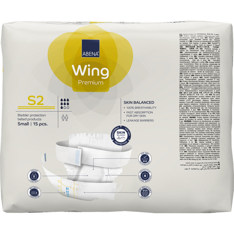 Un paquet de 15 ABENA Wing Premium de Abena Re-Seller GmbH en taille Small a un emballage principalement blanc avec des accents jaunes, une information produit, le texte "Protection et Confort" et une image du produit sur le devant.