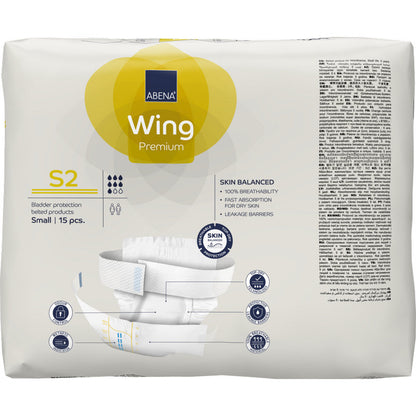 Un paquet de 15 ABENA Wing Premium de Abena Re-Seller GmbH en taille Small a un emballage principalement blanc avec des accents jaunes, une information produit, le texte "Protection et Confort" et une image du produit sur le devant.