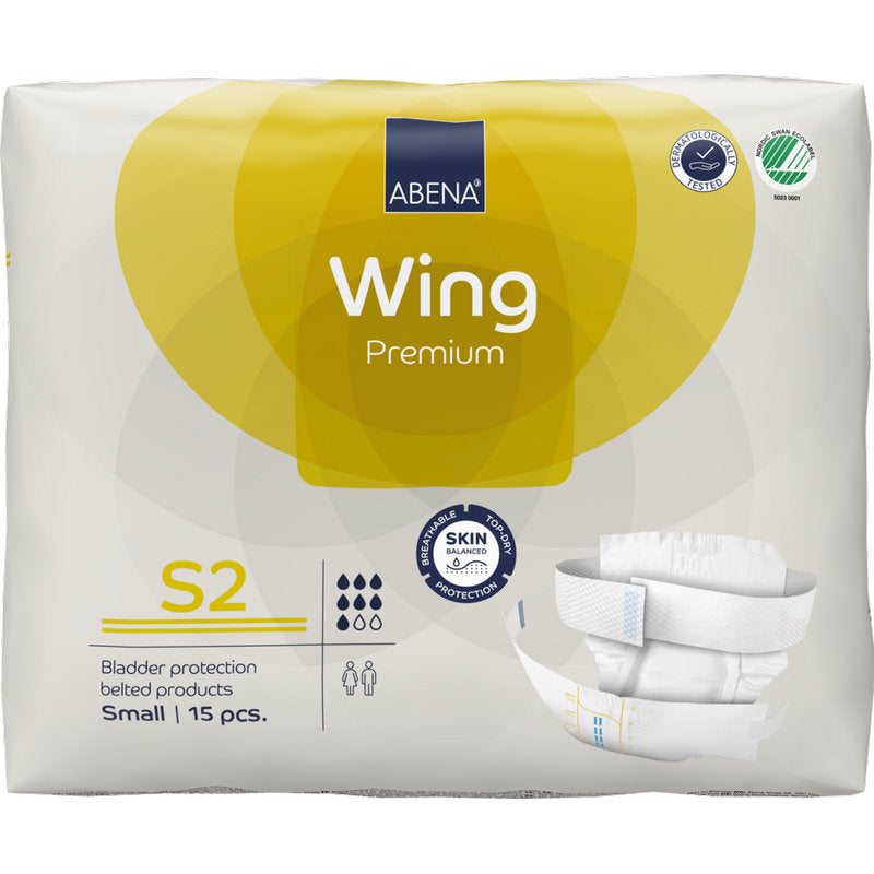 Un paquet de ABENA Wing Premium de Abena Re-Seller GmbH contient 15 petits produits d'incontinence avec ceinture pour la protection et le confort. Sur l'emballage principalement blanc et jaune, des informations sur le produit et une image de la couche sont affichées.
