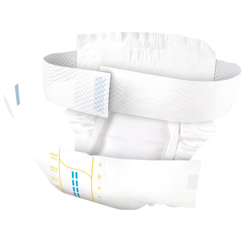 L'ABENA Wing Premium de Abena Re-Seller GmbH est présenté ouvert, montrant le rembourrage intérieur, les finitions élastiques aux jambes, les languettes réglables et les indicateurs d'humidité - protection et confort parmi les produits modernes d'incontinence.