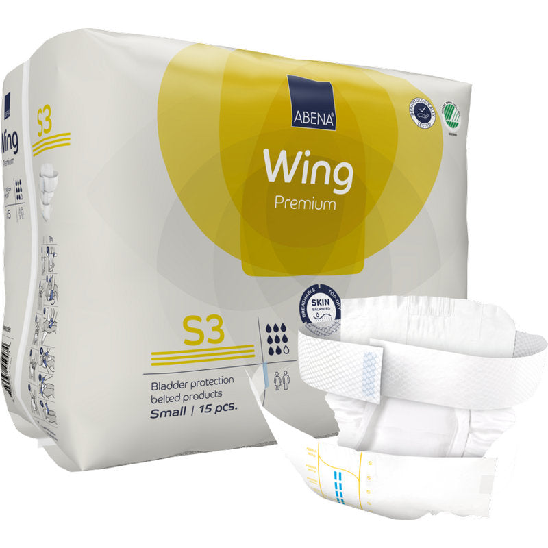 Un paquet debout de ABENA Wing Premium de Abena Re-Seller GmbH est présenté avec une couche-ceinture devant. Le paquet contient 15 petites pièces offrant une protection fiable de la vessie pour plus de confort et de sécurité.