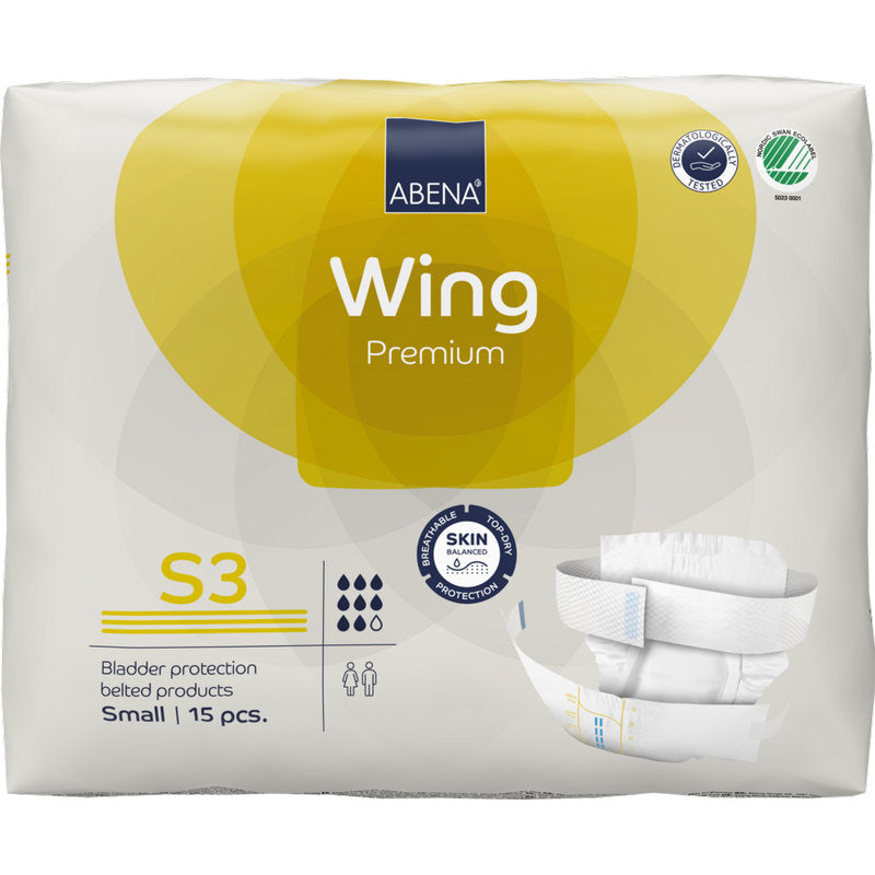 Un paquet de slips-ceintures ABENA Wing Premium de Abena Re-Seller GmbH, taille S3, 15 pièces. L'emballage blanc avec des accents jaunes met en avant les caractéristiques de protection et de confort et montre une image du slip.