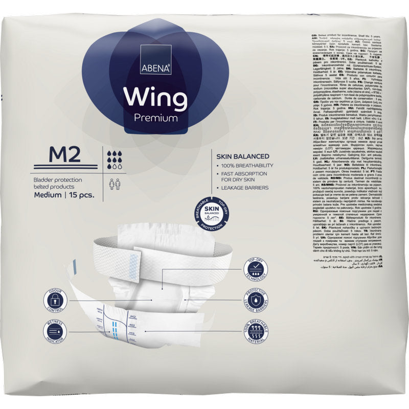Un paquet ABENA Wing Premium d'Abena Re-Seller GmbH, taille moyenne, contient 15 slips et offre respirabilité, absorption rapide, barrières anti-fuites pour la protection et le confort.