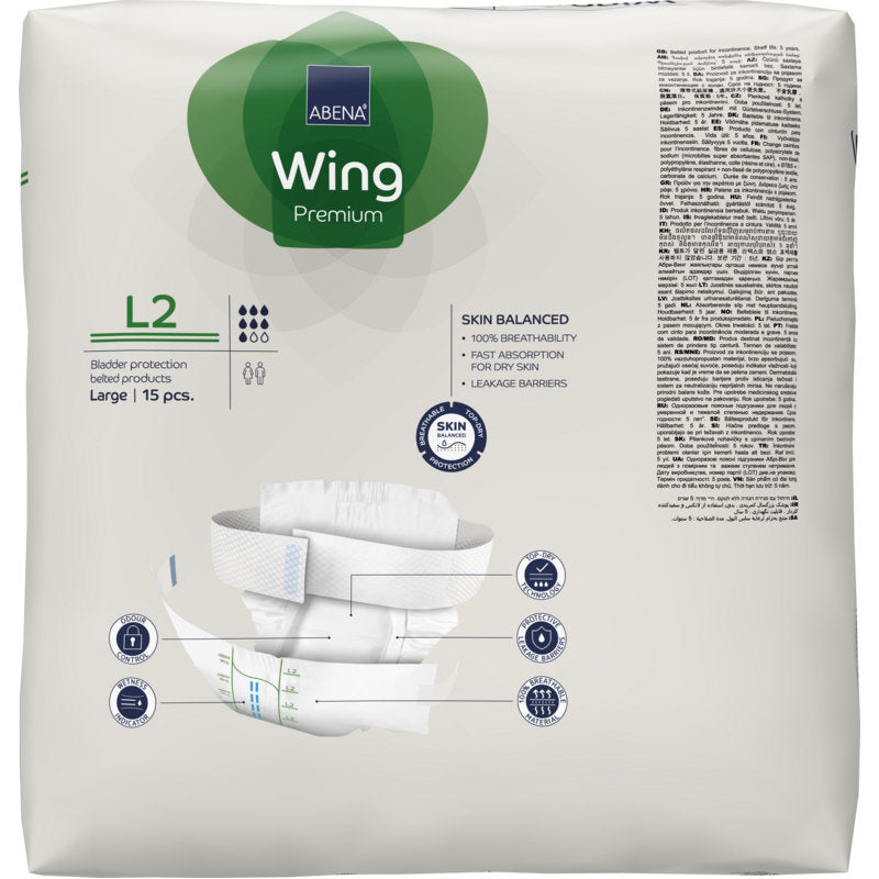 Un paquet de 15 protections pour vessie ABENA Wing Premium, grande taille, d'Abena Re-Seller GmbH. L'emballage blanc avec des accents verts et bleus montre une illustration de la protection à l'avant pour le confort et la protection.